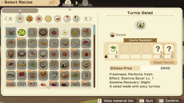 一览《牧场物语风之集市》的食谱配方