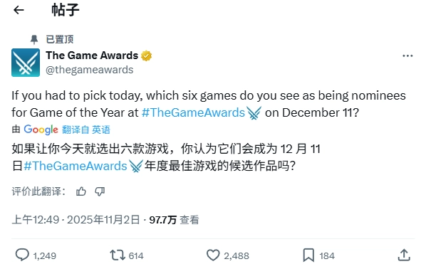 TGA官方提问：你认为有哪六款游戏能够获得年度最佳提名资格？