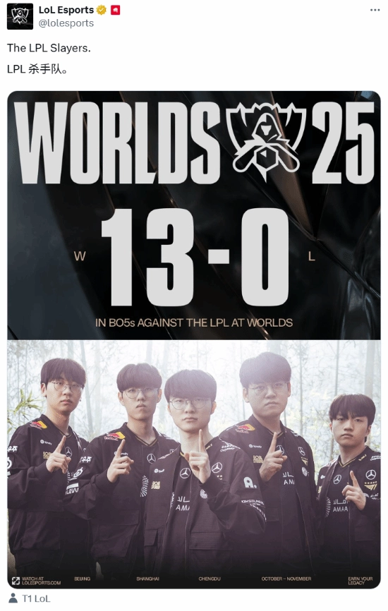 《英雄联盟》官方推特发布T1以13:0战绩击败LPL的内容，“Faker严父梗”连国外网友都十分熟悉