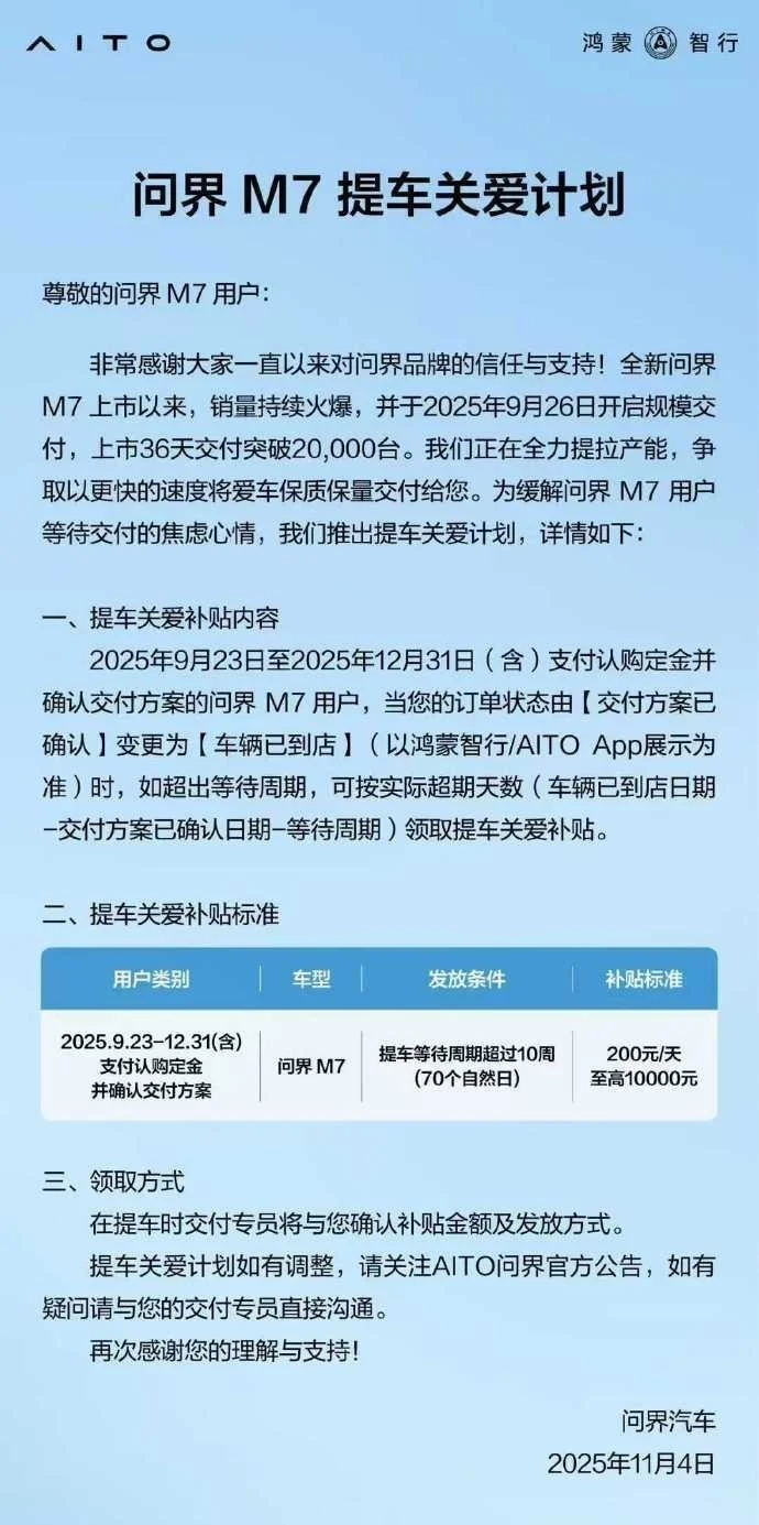 问界M7交付等待超10周可享每日200元补贴最高补贴金额达10000元