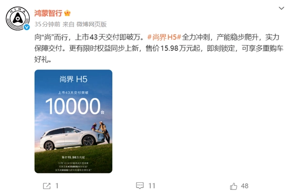 首款20万内鸿蒙智行车型！尚界M5上市仅43天交付量即突破万台