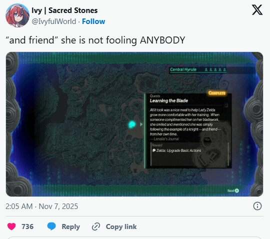 在《塞尔达无双封印战记》里，塞尔达对林克以“朋友”相称，这让不少粉丝感到心碎