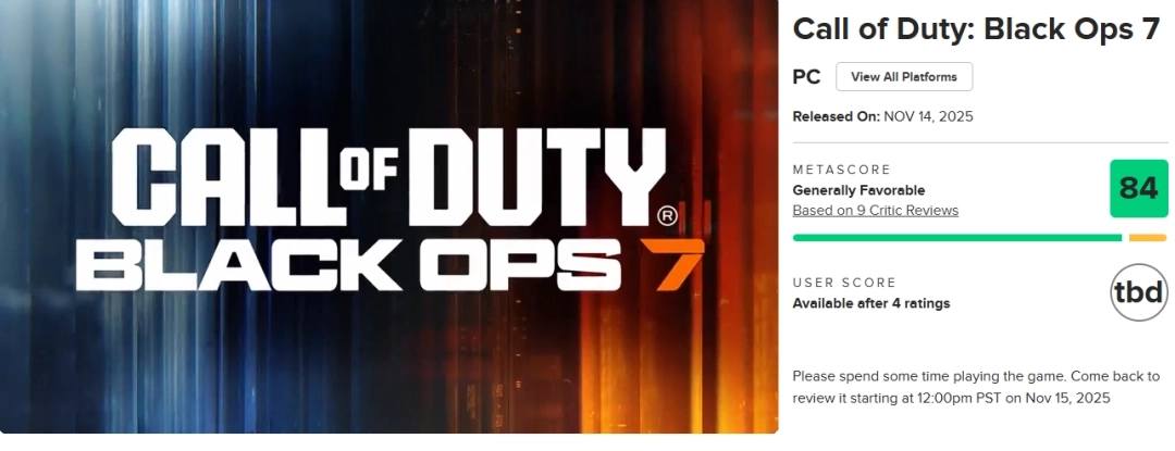 《使命召唤：黑色行动7》在M站获得84分均分，IGN给出6分评价称表现一般！