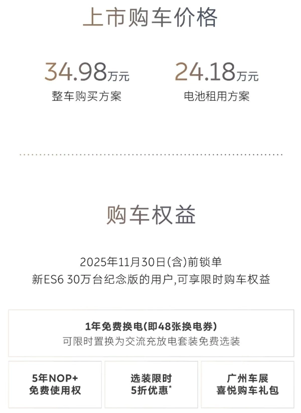 蔚来ES6第30万台纪念版正式推出：含多项专属权益，BaaS方案起售价24.18万