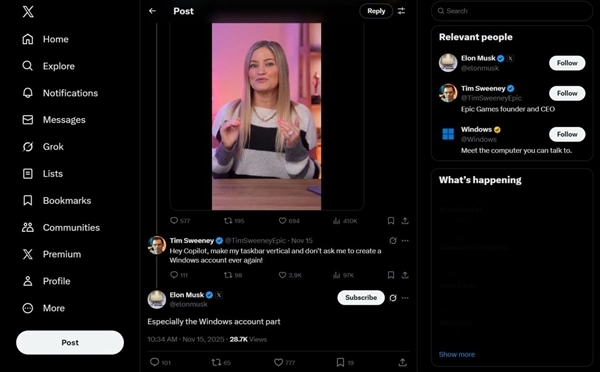 Epic首席执行官痛斥Win11：任务栏无法自定义位置、账户登录强制要求！马斯克发声力挺