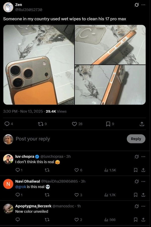 网友宣称iPhone17ProMax被湿巾擦后掉漆