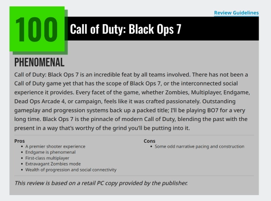 《使命召唤22：黑色行动7》收获外媒满分好评，被赞为现象级神作！