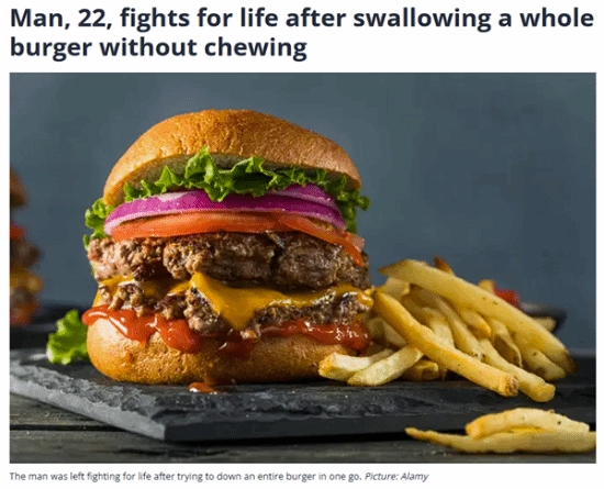 希腊一男子因打赌吞下整个汉堡后被送进ICU，医生坦言其情况基本无力回天