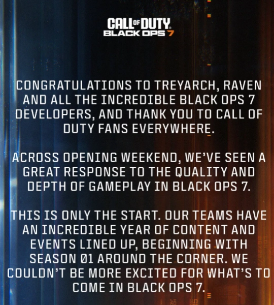 《使命召唤：黑色行动7》差评不断，动视公开表示感谢玩家的批评与督促