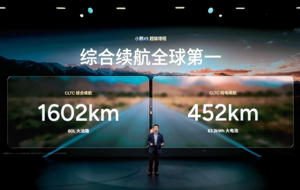 小鹏X9刷新纪录，成为全球续航最长的大七座车型，满电满油状态下可达1602公里，纯电续航为452公里
