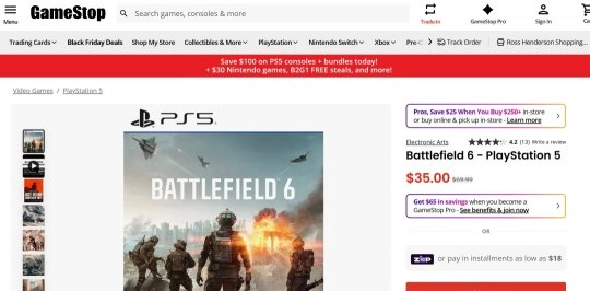 黑五大促来袭，《战地6》主机版本价格直降至35美元