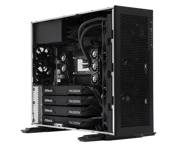 华擎工作站搭载四张AMDR970032GB专业显卡，与Zen5/4撕裂者芯片组搭档