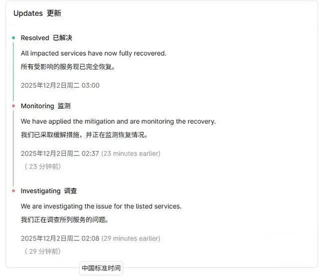 今天ChatGPT这款AI聊天机器人突发故障，OpenAI团队已紧急修复