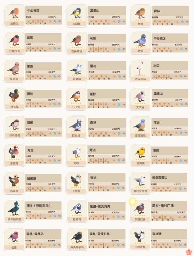 心动小镇中各类鸟类的出没地点与对应天气情况