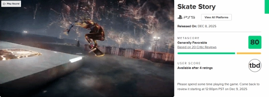 《SkateStory》这款超现实新游M站评分80分,首发便加入PS+会员游戏库