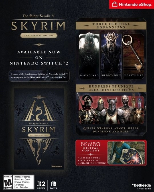 今日《上古卷轴5：天际》Switch2版本正式推出，支持免费升级