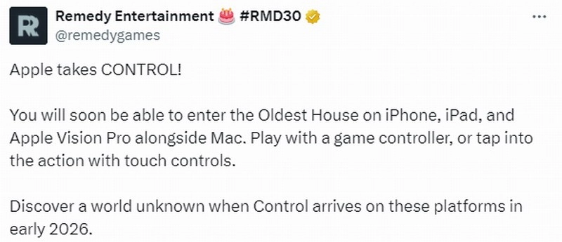 《控制》预计2026年初在苹果平台上线，支持触控操作游玩