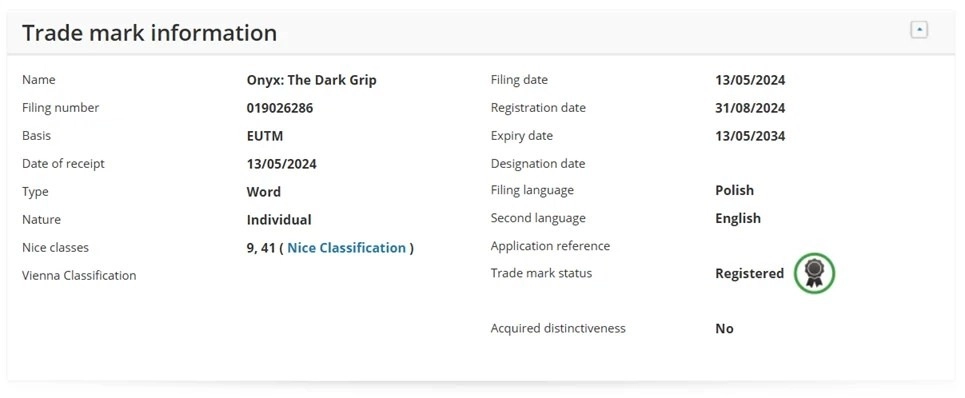 BlooberTeam公司已提交名为“OnyxTheDarkGrip”的新商标注册申请