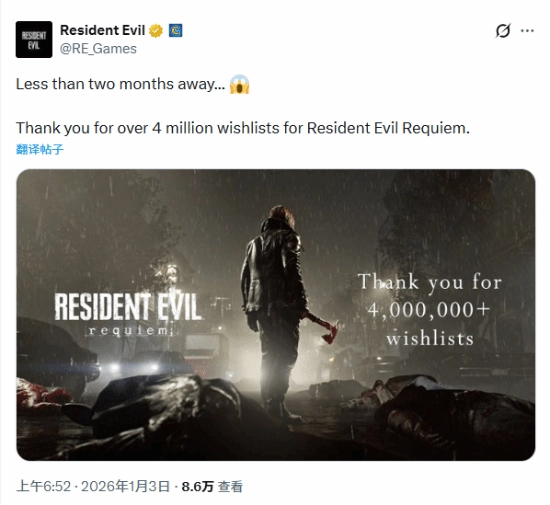 《生化危机9：安魂曲》愿望单数据创新高，超400万！里昂持消防斧共庆这一里程碑