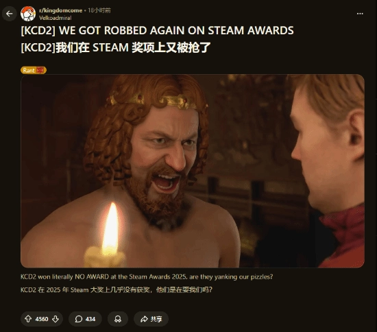 《天国拯救2》再度无缘奖项 玩家愤懑：亨利获奖难道只能用“偷”的方式？