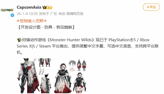 《怪物猎人：荒野》披露刺花蜘蛛防具设定：细节处尽显华丽质感，裙底还点缀着蔷薇设计