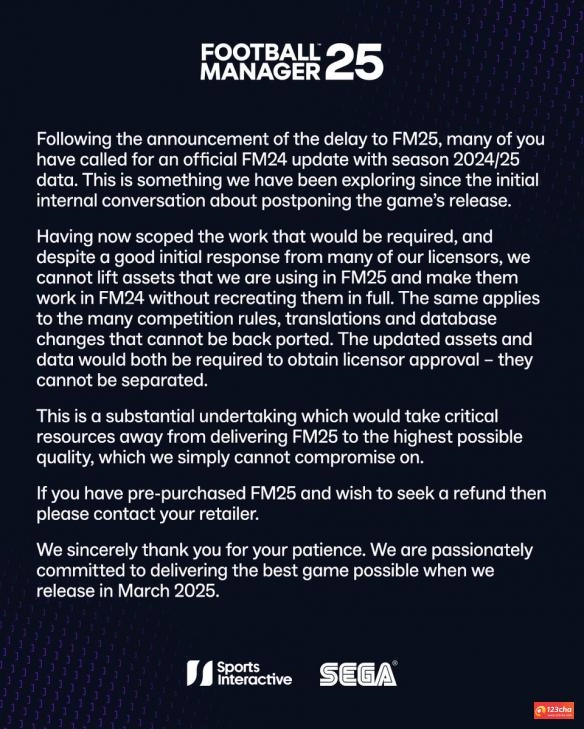 《足球经理2024》无法更新赛季新内容 开发商解释来了