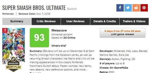 《任天堂明星大乱斗》首批媒体评分已公布：MC平均分为93分