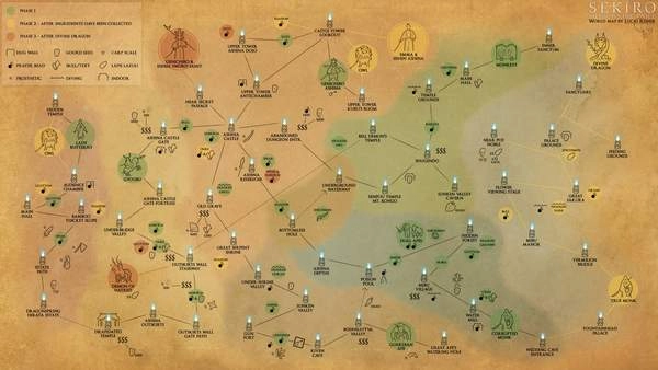 萌新专属福利！海外高手绘制《只狼》攻略地图，BOSS与道具位置一目了然