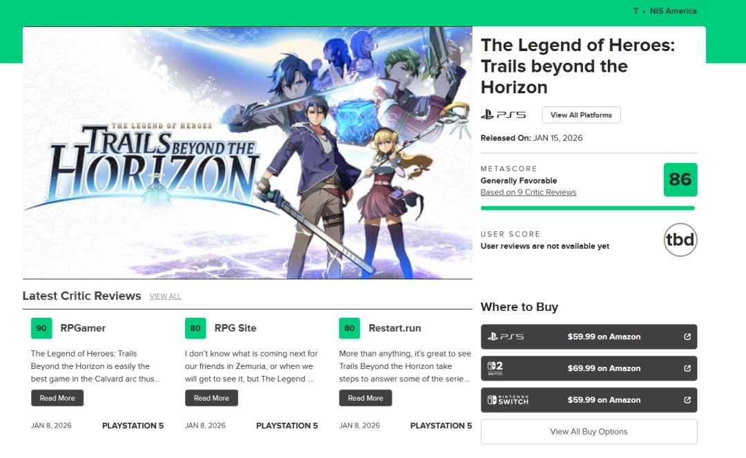 媒体评分网站M站为《英雄传说：界之轨迹》打出86分：其战斗系统十分出色，故事内容更是无可挑剔