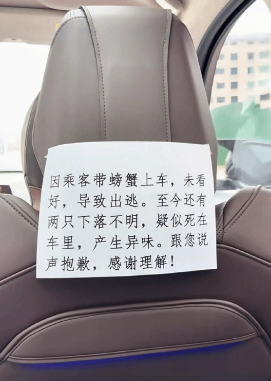 网约车车内有“生化异味”司机贴纸条致歉：螃蟹跑了找不到了