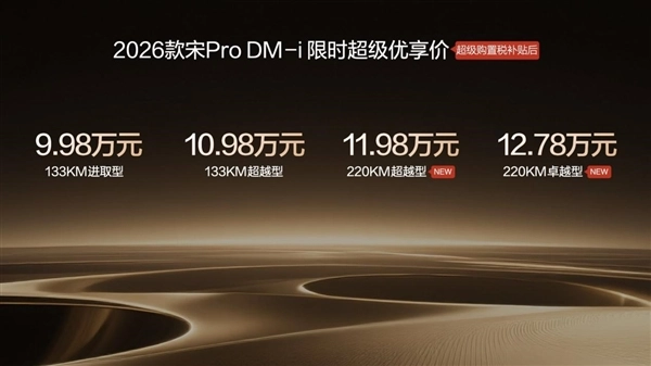 220km纯电续航大幅提升！比亚迪2026款宋ProDM-i长续航版正式上市，起售价11.98万