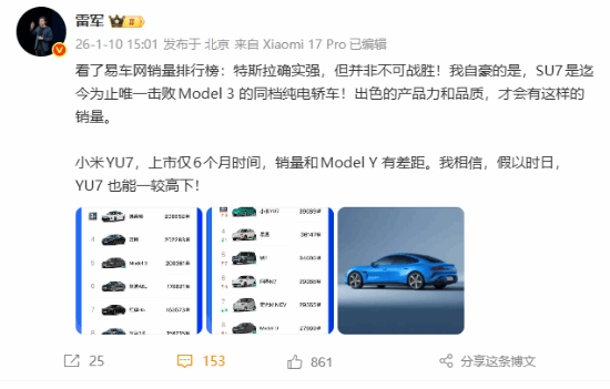 雷军表示特斯拉并非无法超越YU7将与ModelY展开较量