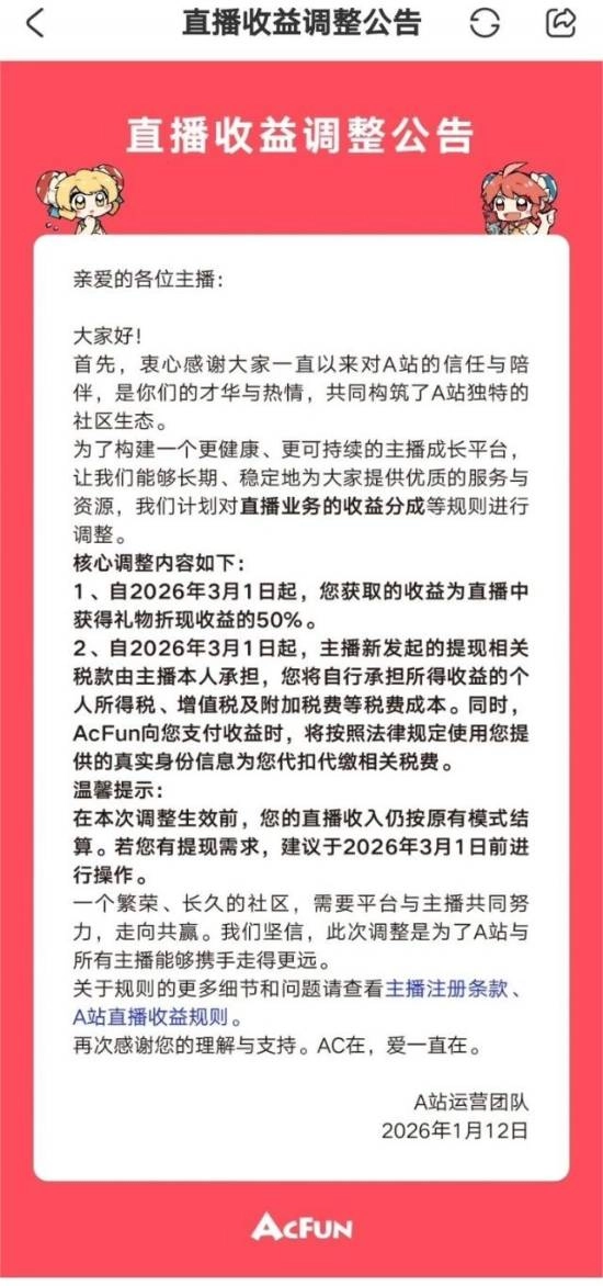 AcFun对直播收益规则进行调整，主播收益比例定为50%，税费需由主播自行承担