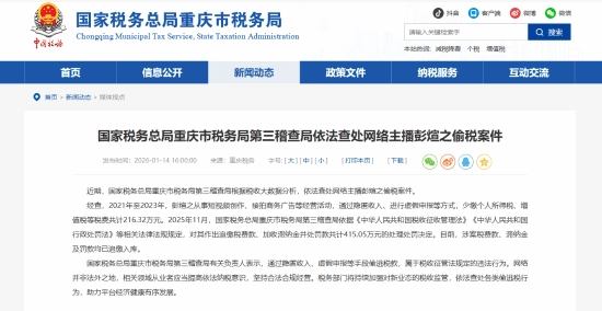 税务部门通报2起网络主播偷税案例，其中拥有近3000万粉丝的网红彭十六偷逃税款达216.32万元