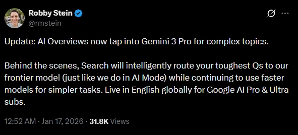 谷歌对Gemini3Pro的AI概览功能进行了升级，以更好地处理复杂查询