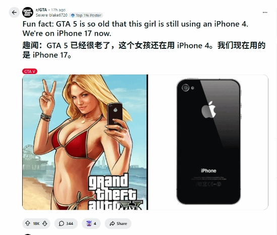 《GTA5》美女角色仍用iPhone4引发讨论：现在都出到iPhone17了