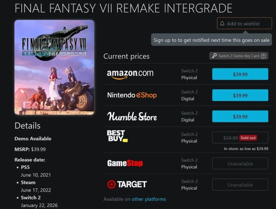 热度爆表！《最终幻想7》NS2重制实体版在美国几乎断货了