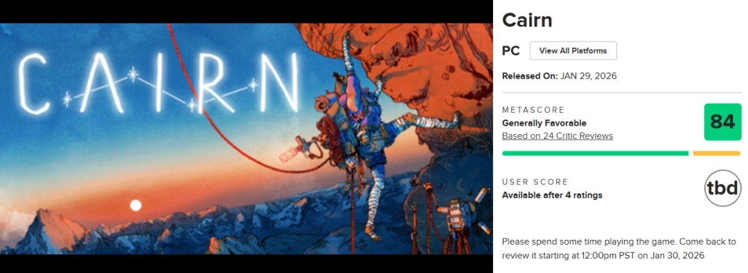 生存攀岩题材游戏《孤山独影》在M站收获84分的平均评分，IGN更是给出了9分的好评