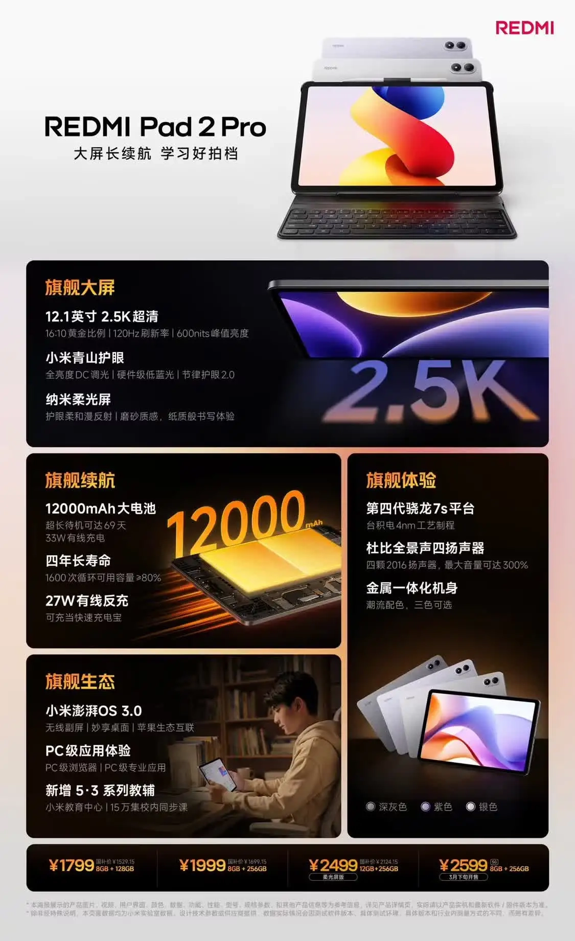 RedmiPad2Pro平板正式推出：配备12.1英寸2.5K护眼显示屏，起售价为1799元