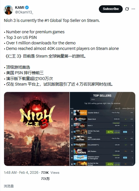 博主爆料《仁王3》在预购阶段就登上了Steam销量榜榜首
