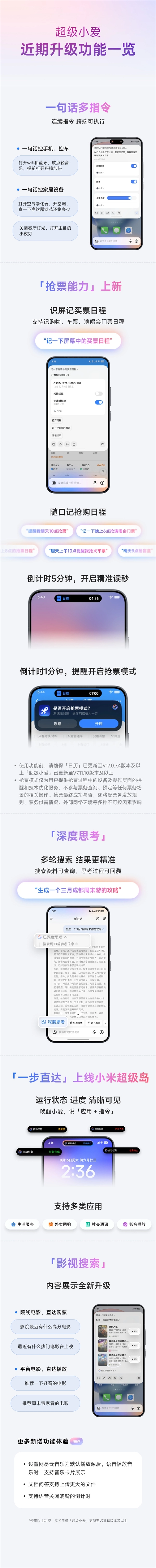 一图看懂小米超级小爱近期更新：抢票模式上线，深度思考更精准