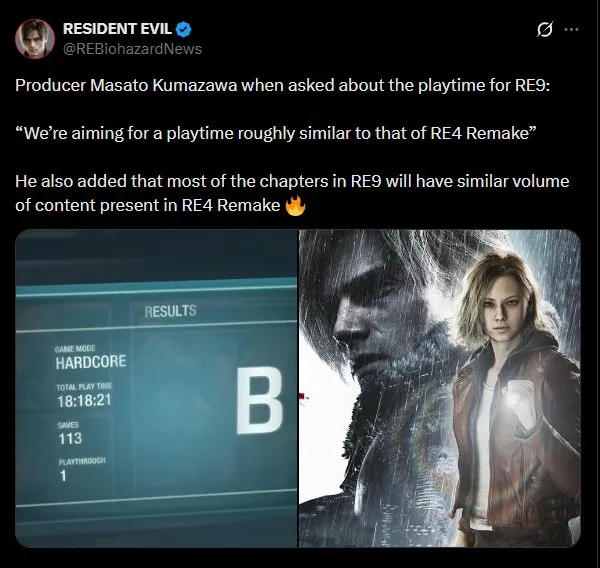 《生化危机9》的游戏时长几乎达到了《生化危机8》的两倍