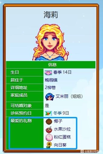 星露谷物语中的海莉，她喜欢的礼物都有什么