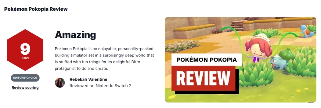 IGN为《宝可梦Pokopia》打出9分：欢乐十足，独具特色！