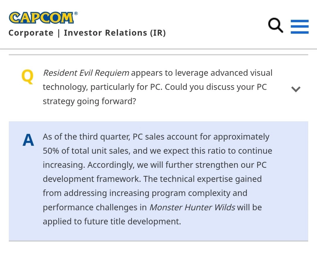 Capcom透露，PC平台的销量在总销量中占比达50%，并且预计该比例会持续上升