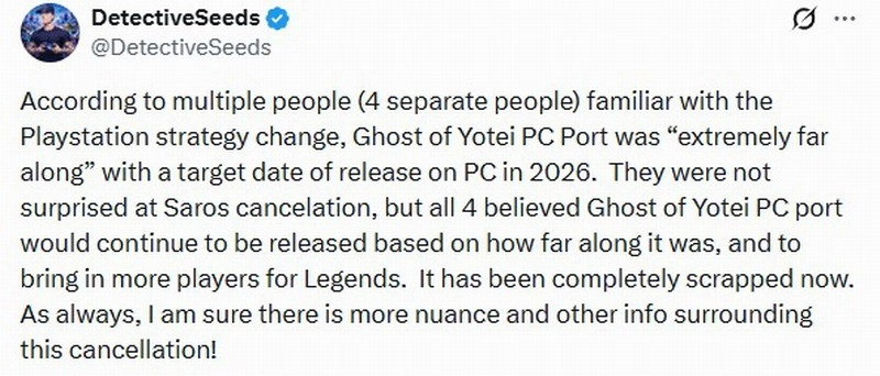 曝料：《羊蹄山之魂》PC版本已临近收尾，最终被索尼叫停