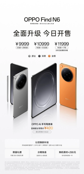 全球最平整的折叠屏手机OPPOFindN6已正式开启销售，起售价为9999元。