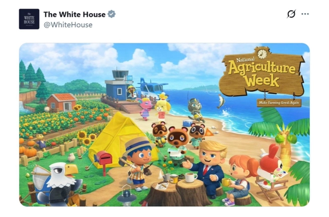 白宫持续擅自使用《动物森友会》制作梗图引发广泛讨论任天堂尚未作出回应