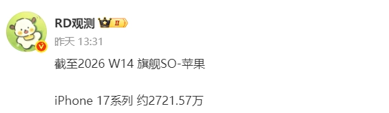iPhone 17国内销量突破2721万台，苹果赚翻了，Pro Max是最大功臣