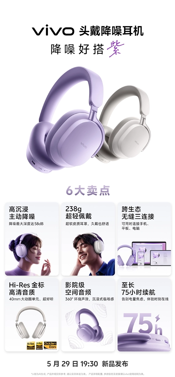 vivo首次推出的无线头戴降噪耳机，6大亮点公布：支持58dB降噪，续航可达75小时